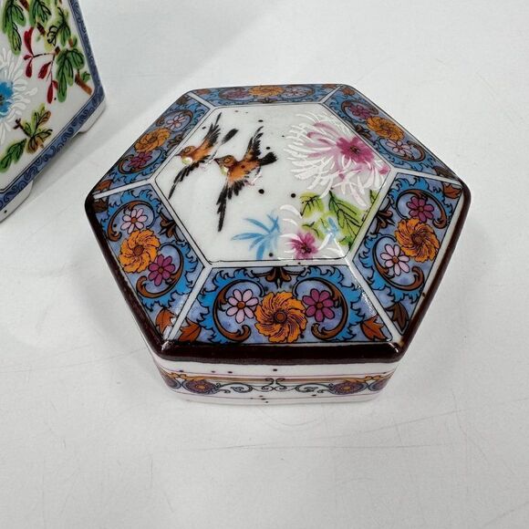 Hexagon Asian Handpainted Ceramic Ginger Tea Jar Mid Century Modern Birds MCM - Picture 6 of 9